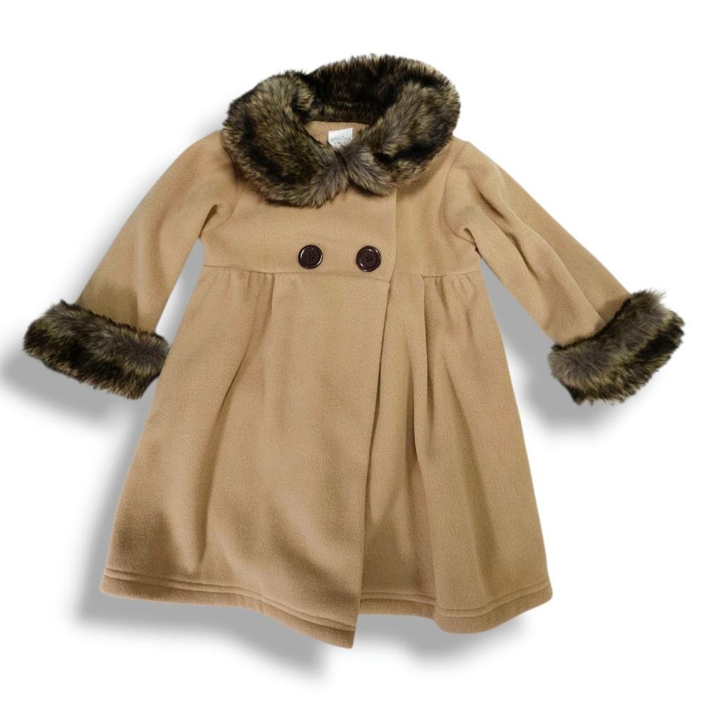 Starting Out Baby Girls Faux Fur Collar Babydoll‎ Dress Coat Camel Tan 24M